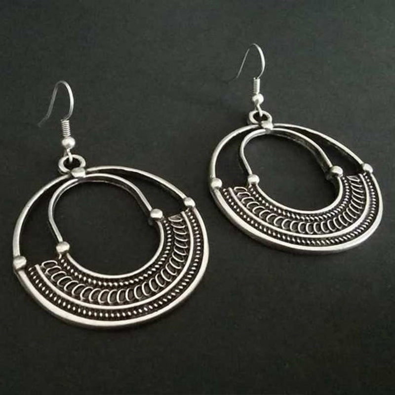 Geometric Round Hollow Antique Silver Earrings European And American Personalized Trending Earrings