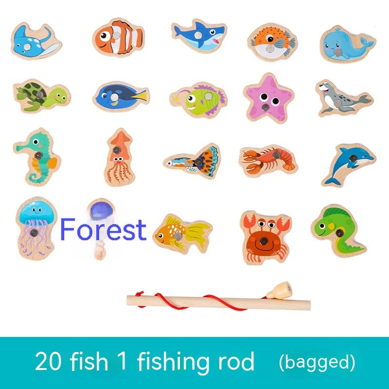 Wooden Barrel Marine Fishing Toys Children's Early Education Educational Cognition Fun Magnetic Marine Fish Parent-child Game