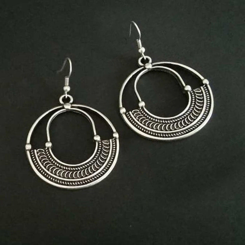 Geometric Round Hollow Antique Silver Earrings European And American Personalized Trending Earrings