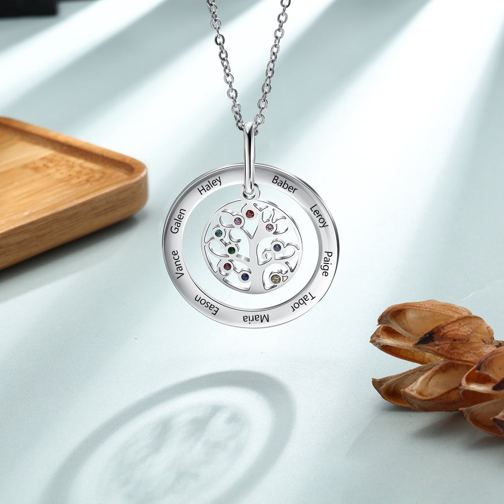 Personalized Family Tree Pendant Necklace with Birthstones Tree of Life Custom Name Necklace Birthday Mother's Day Gift