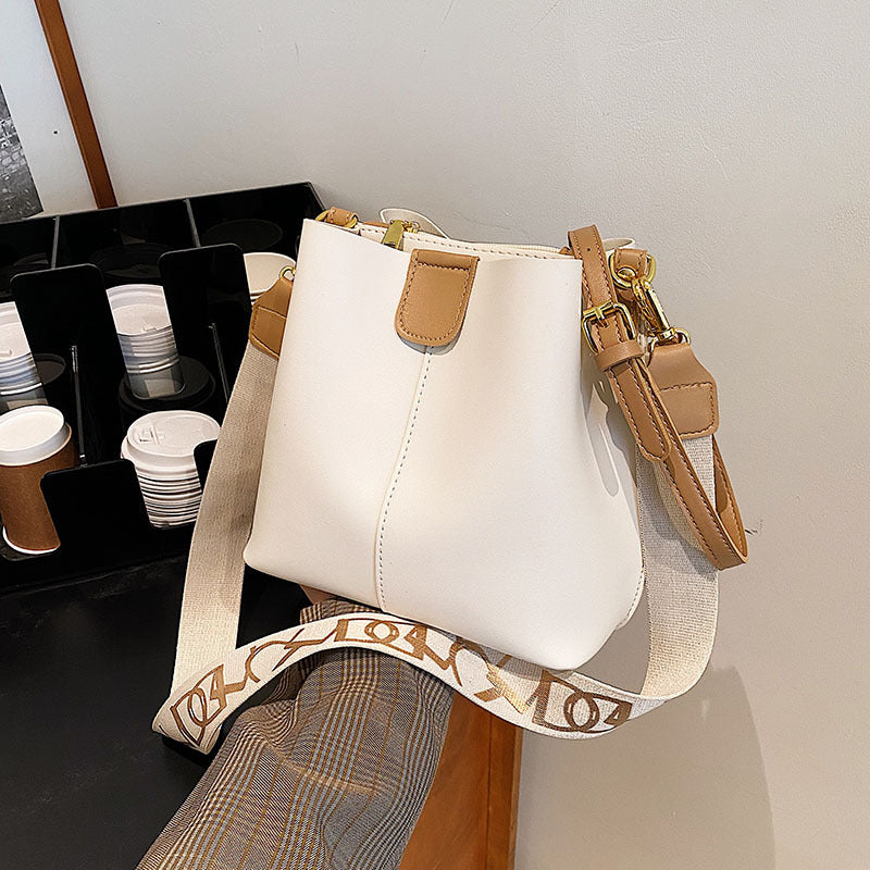 French Minority Design Simple Wide Shoulder Strap Bucket Bags Female