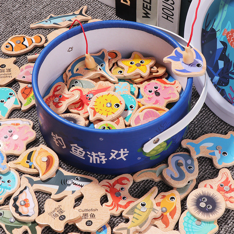 Wooden Barrel Marine Fishing Toys Children's Early Education Educational Cognition Fun Magnetic Marine Fish Parent-child Game