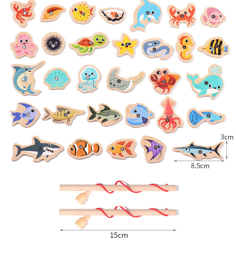 Wooden Barrel Marine Fishing Toys Children's Early Education Educational Cognition Fun Magnetic Marine Fish Parent-child Game